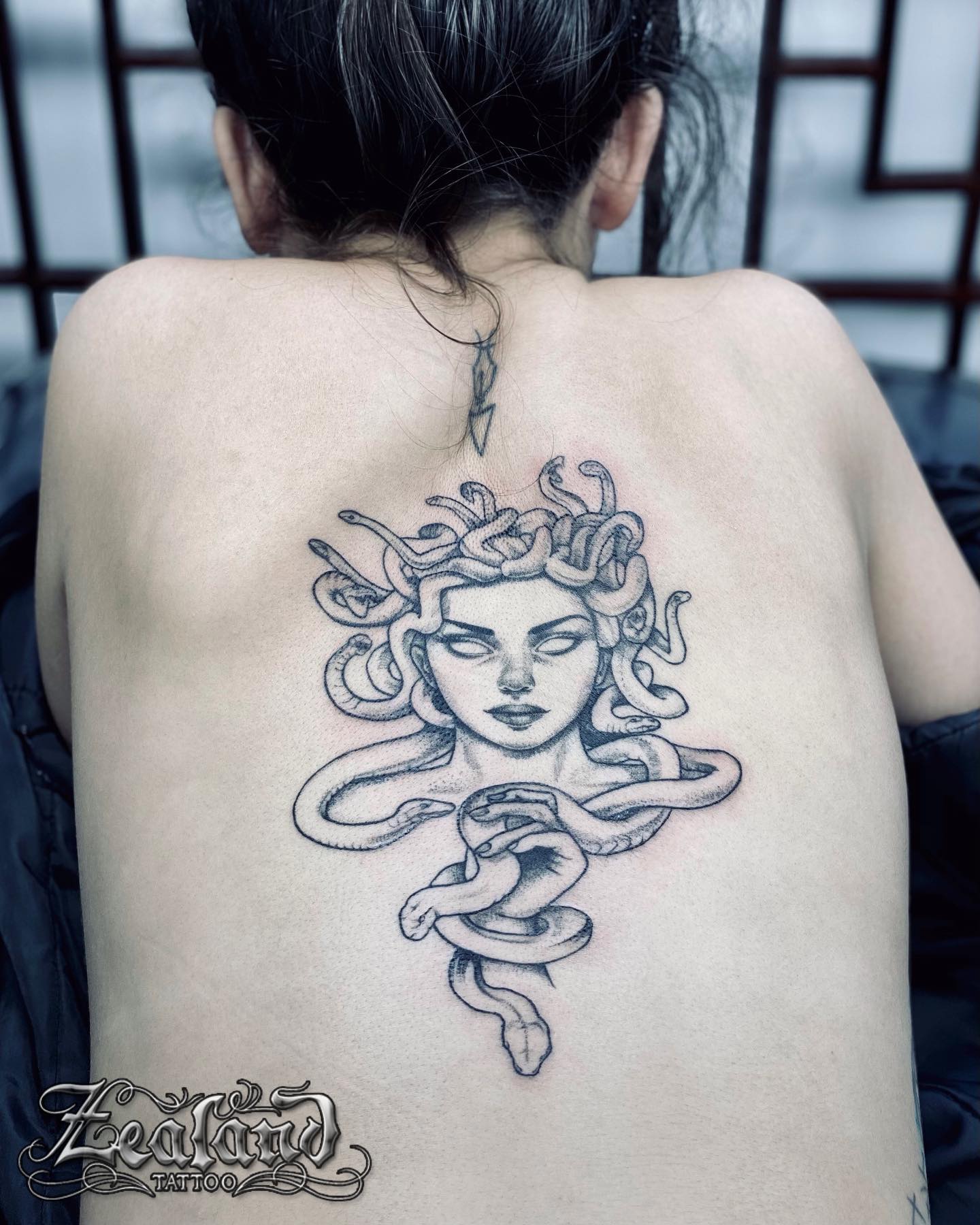 Medusa black and grey back tattoo - Zealand Tattoo